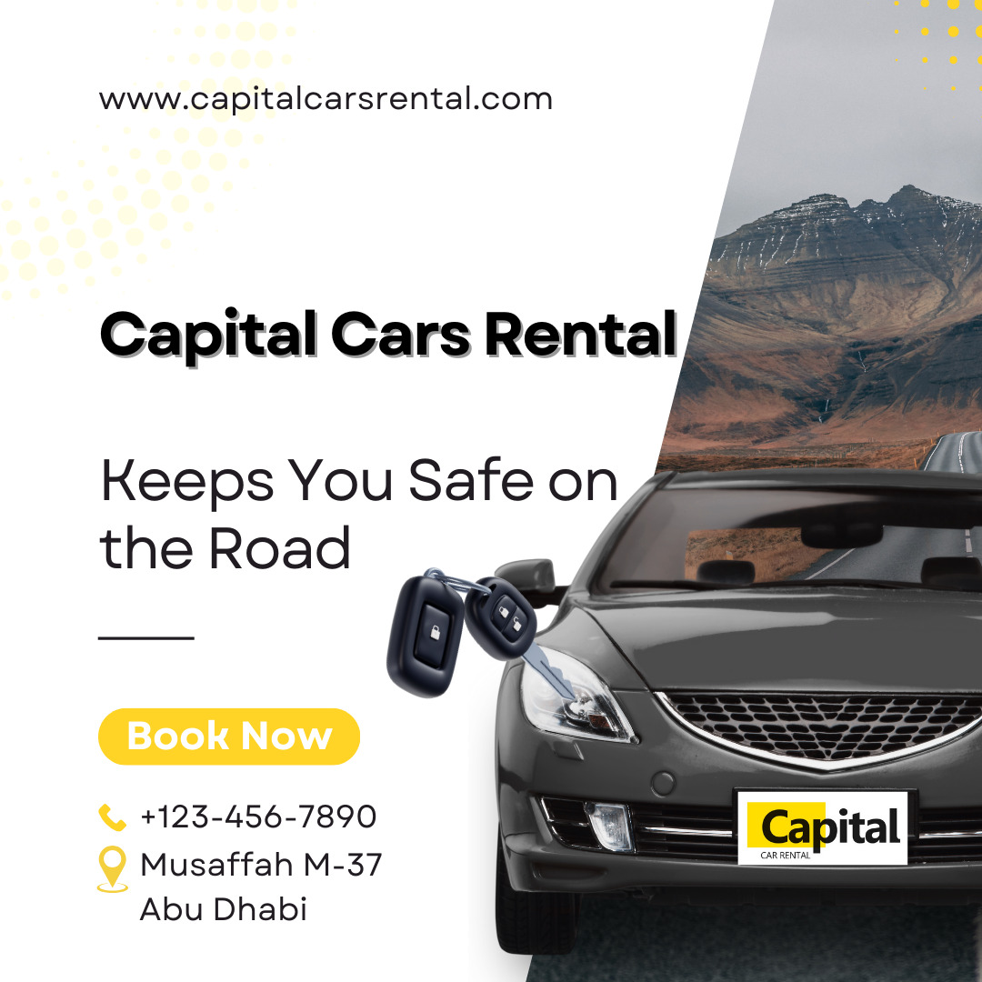 Capital Cars Rental car keys and a luxury vehicle on the road, promoting safe car rentals in Abu Dhabi