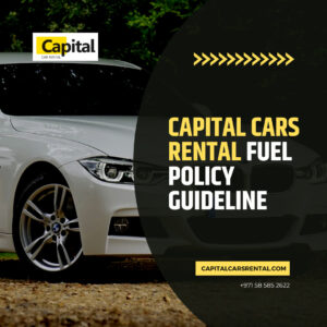 A white sedan, likely a BMW, from Capital Car Rental, illustrating their fuel policy guideline.