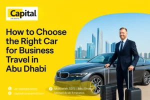 Hidden car rental costs in Abu Dhabi – Capital Cars Rental guide image with SUV at sunset